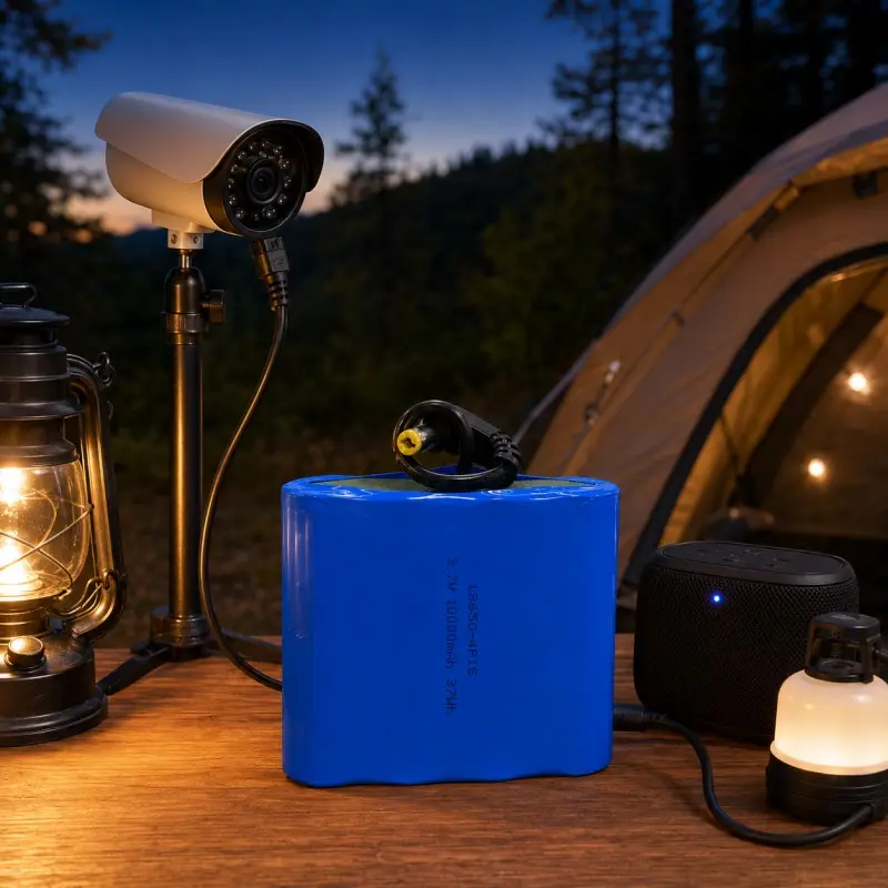 Bateria recarregável 3,7V 10000mAh alimentando câmera, alto-falante e acessórios de camping externos