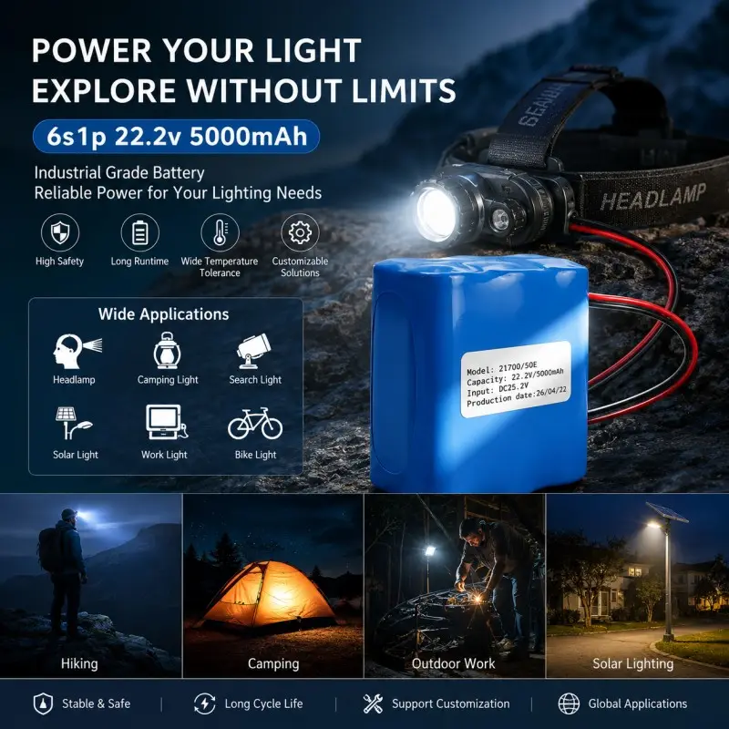 Solução personalizada de bateria 6S 22,2V 5000mAh para aplicações externas com faróis