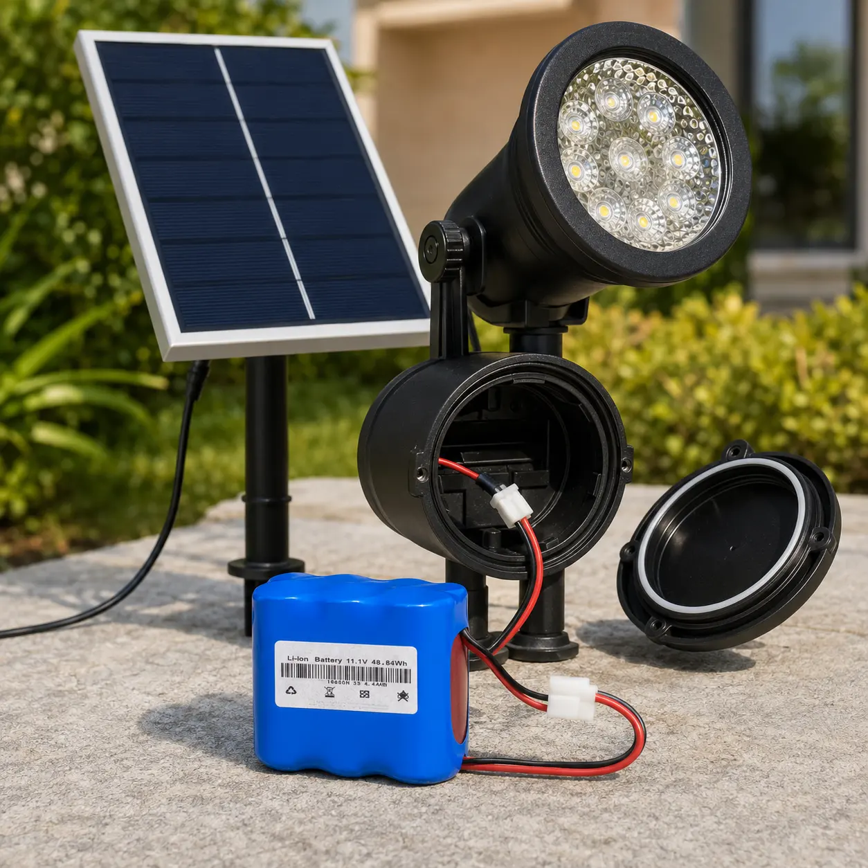 Pacote de baterias solar spotlight com conector e conjunto de iluminação externa