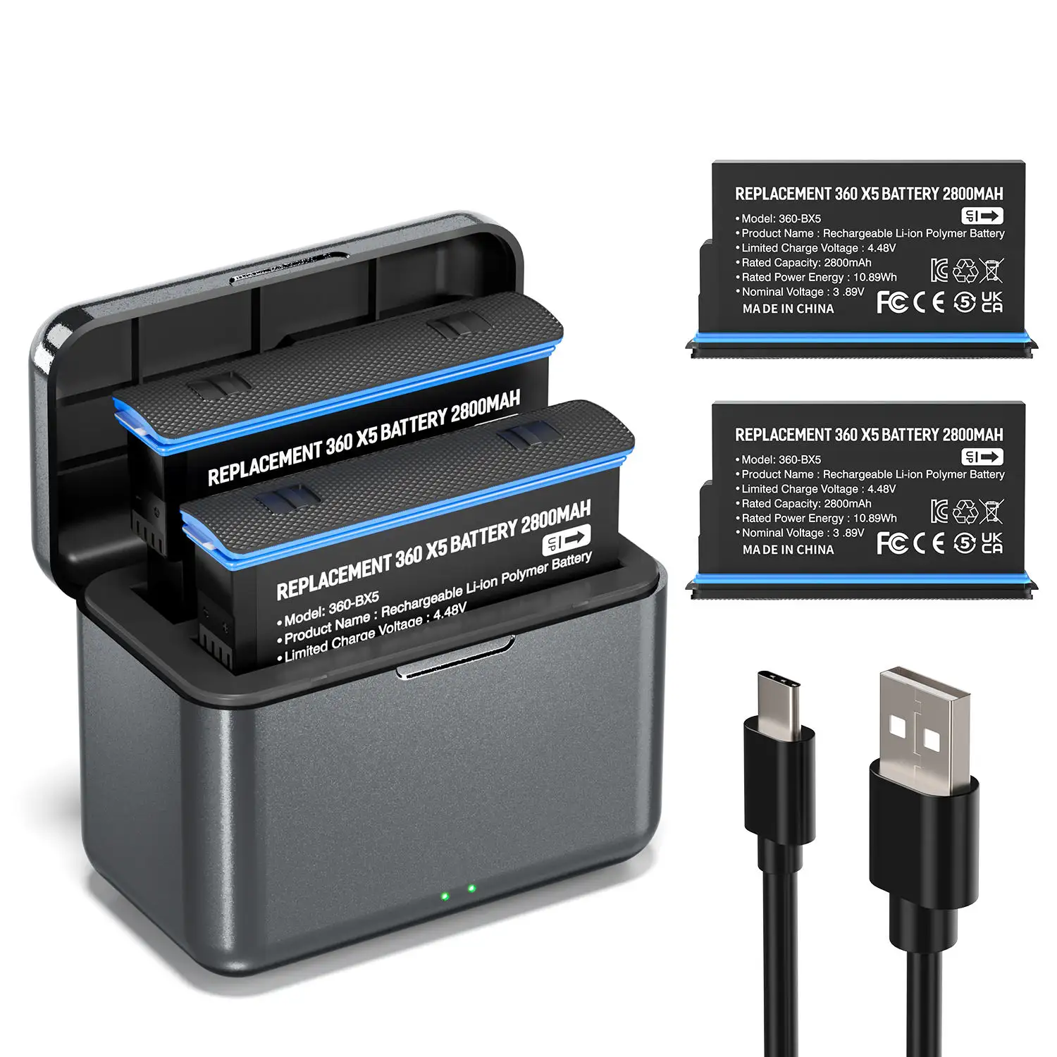 Baterias de reposição de 2 pacotes de 2400mAh com carregador duplo compatível com câmera Insta360 X5.