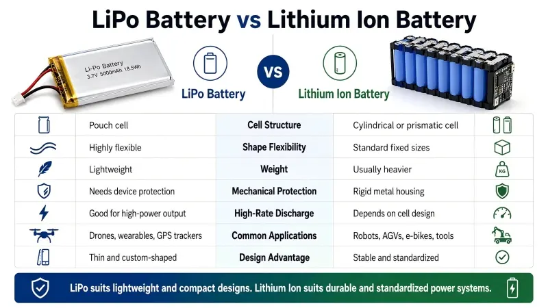 Comparação entre baterias LiPo e baterias de íon-lítio mostrando diferenças em estrutura, peso, flexibilidade, proteção, desempenho de descarga e aplicações